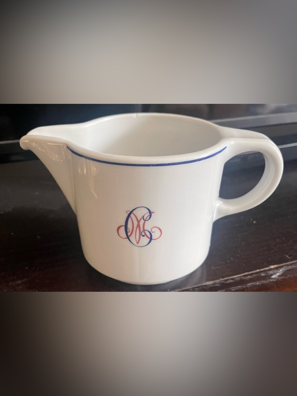 Vintage French White Porcelain Creamer Monogram • Blue Trim • Cottage Chic Decor